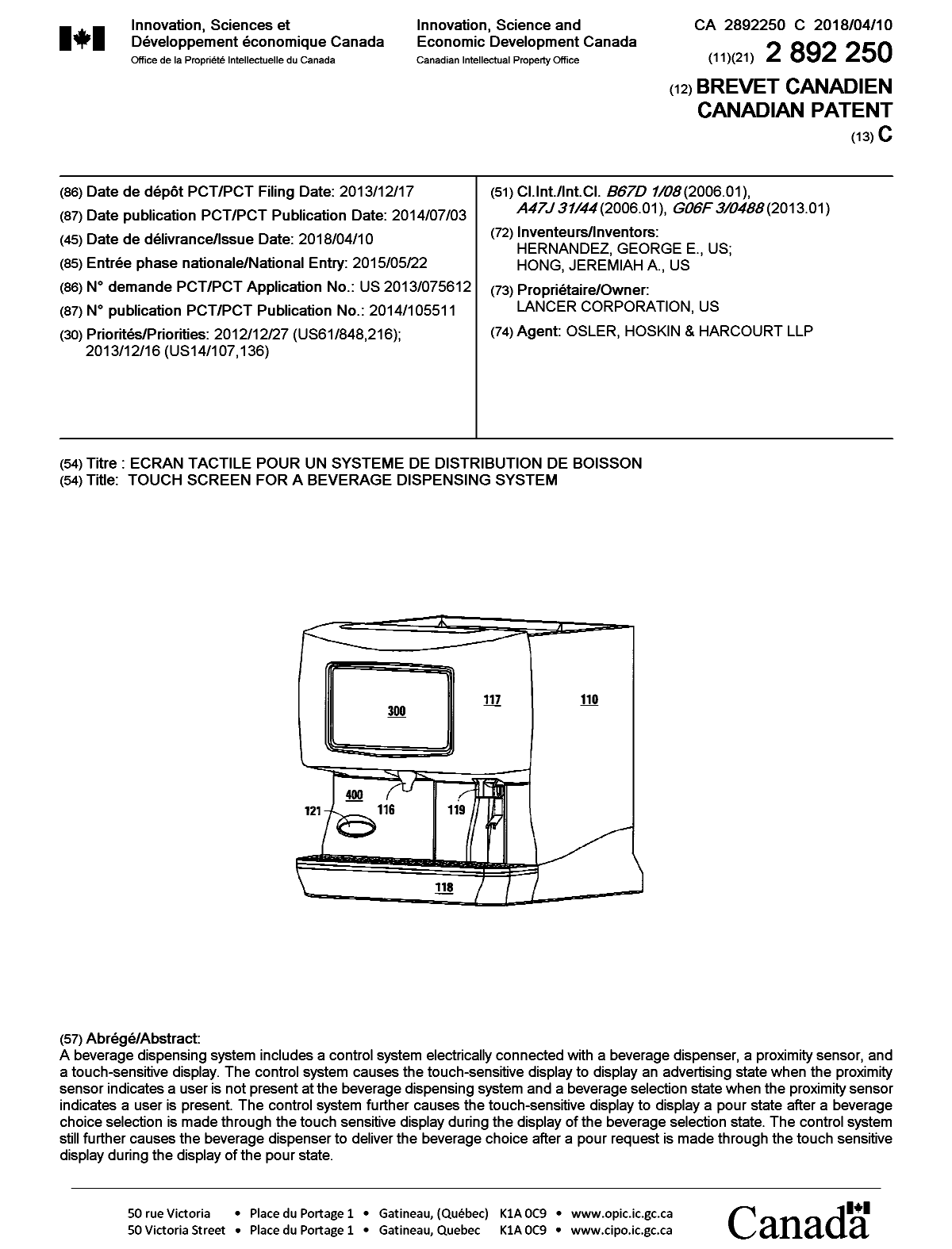 Document de brevet canadien 2892250. Page couverture 20171213. Image 1 de 1