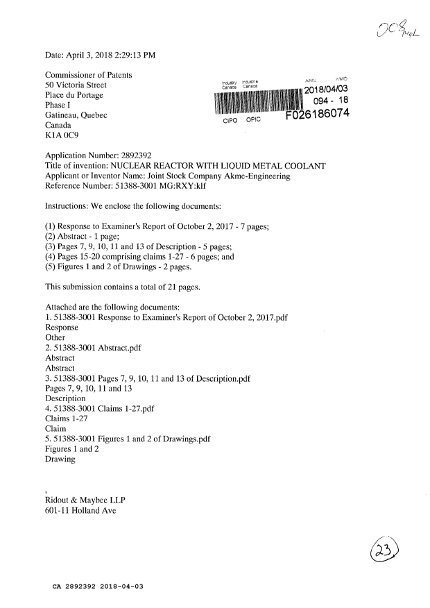 Document de brevet canadien 2892392. Modification 20180403. Image 1 de 23