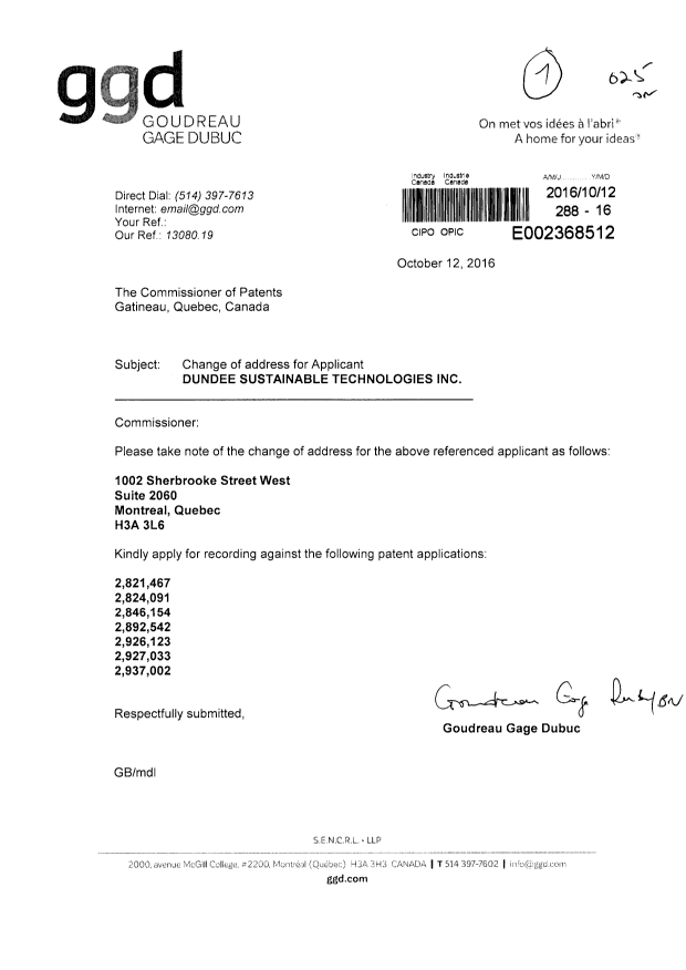 Document de brevet canadien 2892542. Cession 20161012. Image 1 de 1