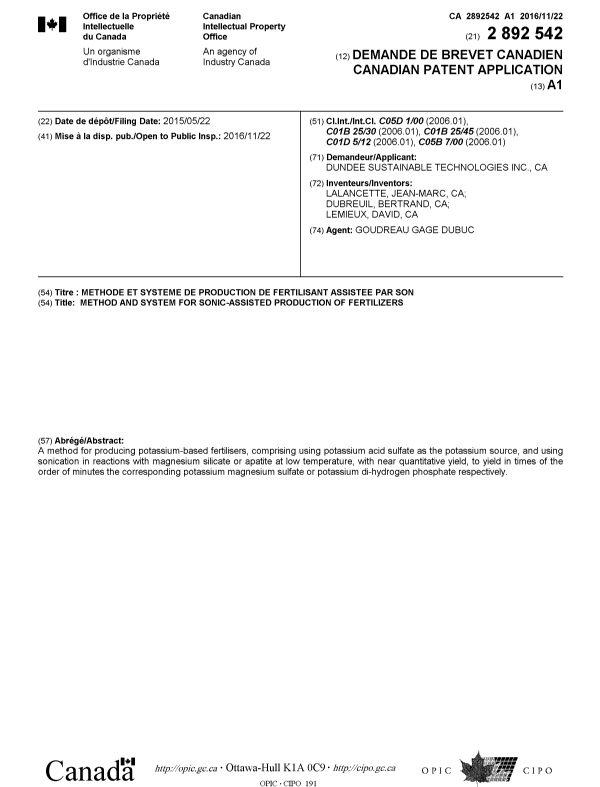 Document de brevet canadien 2892542. Page couverture 20161107. Image 1 de 1