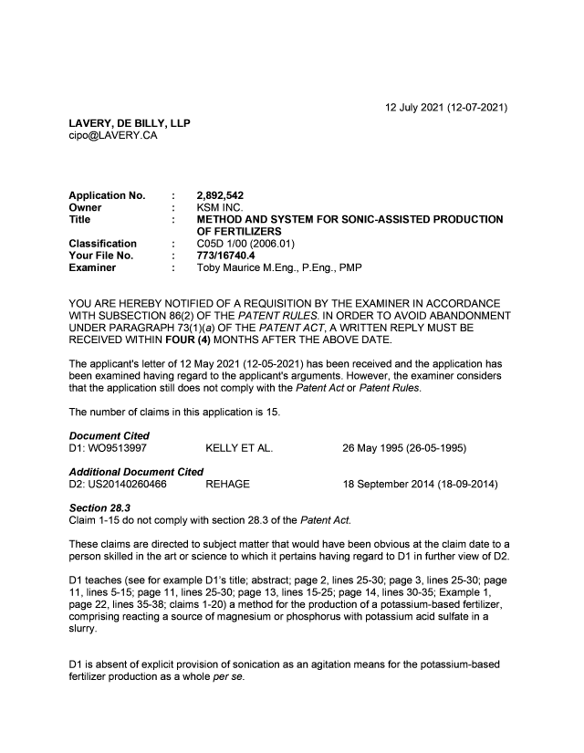 Document de brevet canadien 2892542. Demande d'examen 20210712. Image 1 de 3