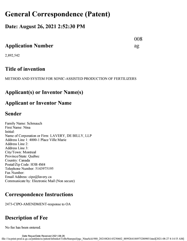 Document de brevet canadien 2892542. Modification 20210826. Image 1 de 7