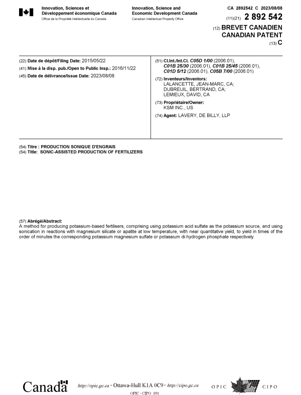 Document de brevet canadien 2892542. Page couverture 20230711. Image 1 de 1