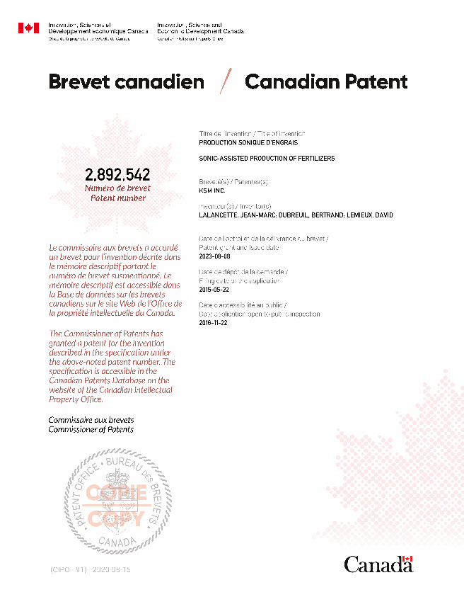 Canadian Patent Document 2892542. Electronic Grant Certificate 20230808. Image 1 of 1