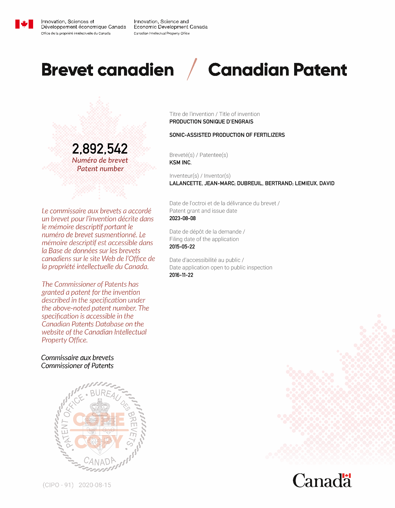 Canadian Patent Document 2892542. Electronic Grant Certificate 20230808. Image 1 of 1