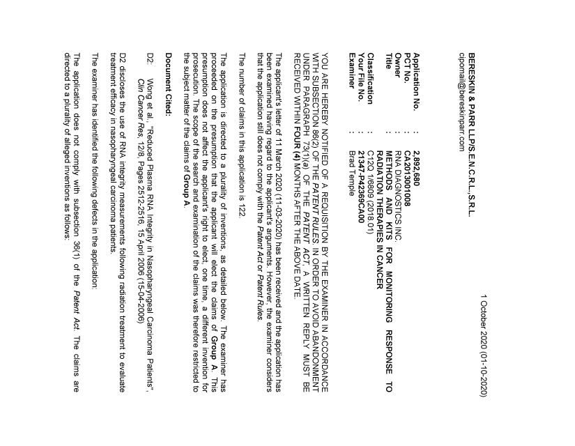 Canadian Patent Document 2892680. Examiner Requisition 20201001. Image 1 of 6