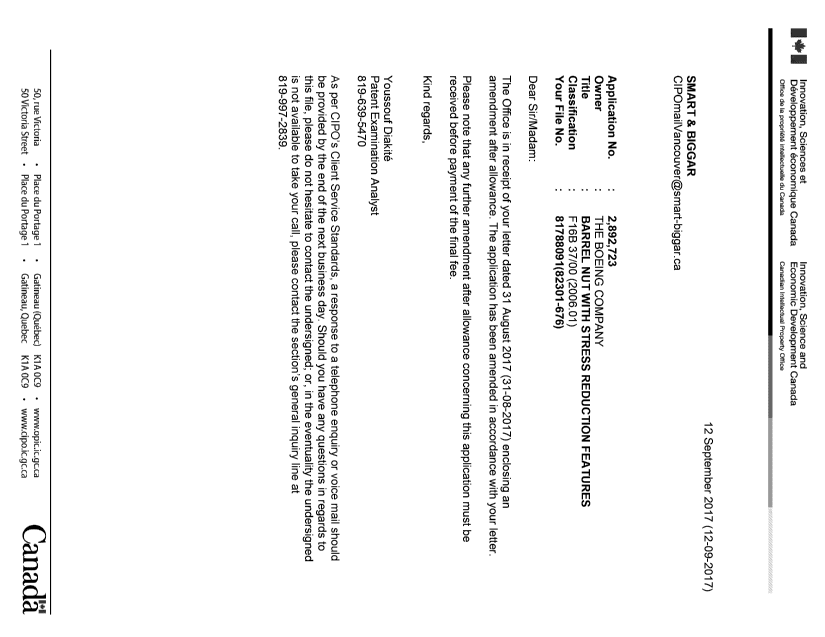 Document de brevet canadien 2892723. Correspondance 20161212. Image 1 de 1