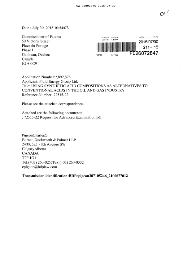 Document de brevet canadien 2892876. Ordonnance spéciale 20150730. Image 1 de 3
