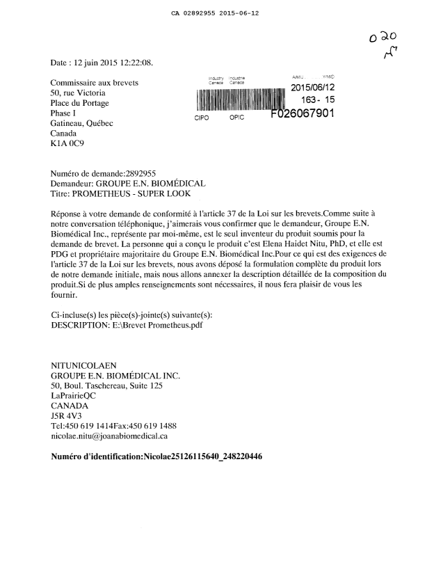 Document de brevet canadien 2892955. Description 20141212. Image 1 de 4