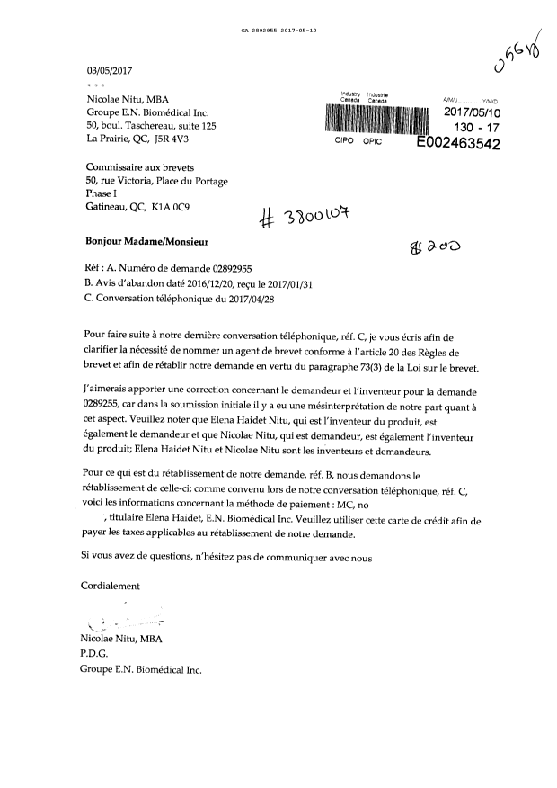 Document de brevet canadien 2892955. Correspondance 20161210. Image 1 de 1