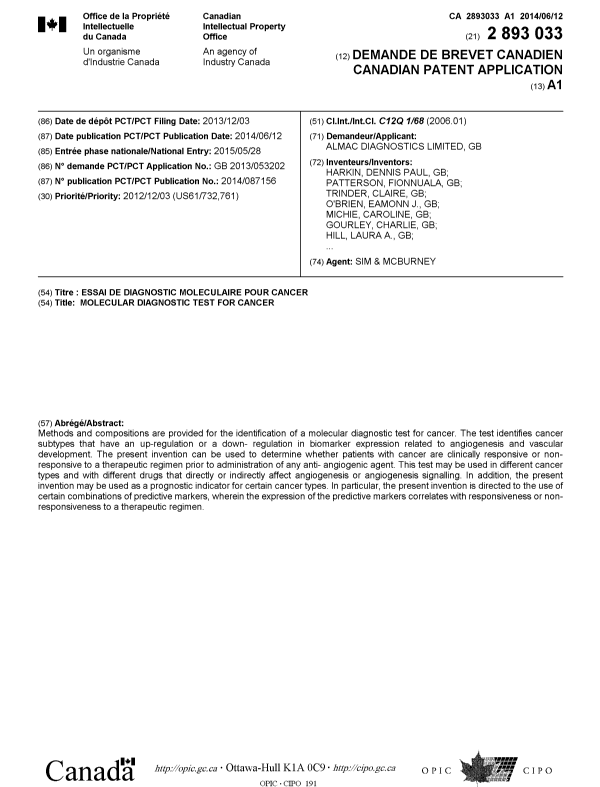 Document de brevet canadien 2893033. Page couverture 20141229. Image 1 de 2
