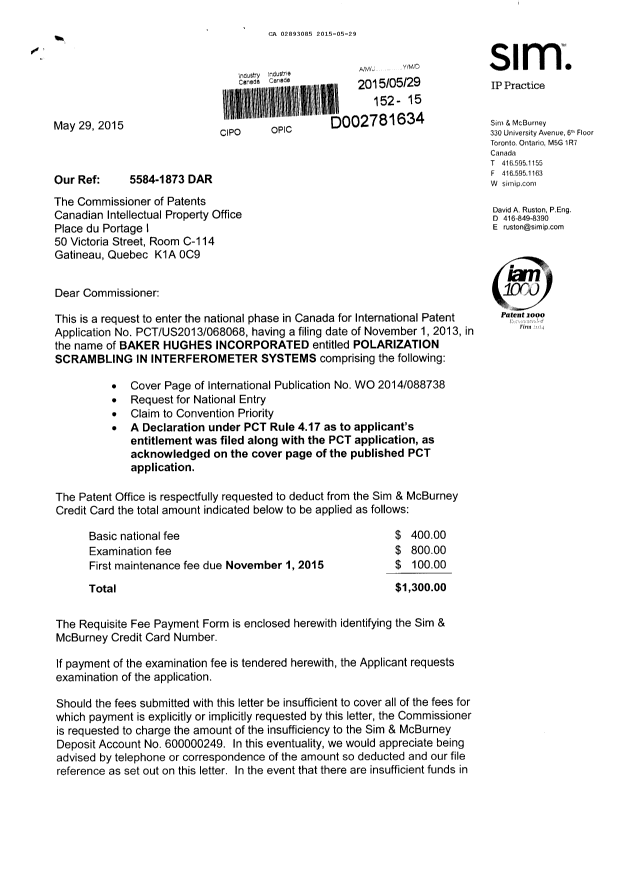 Document de brevet canadien 2893085. Cession 20150529. Image 1 de 6