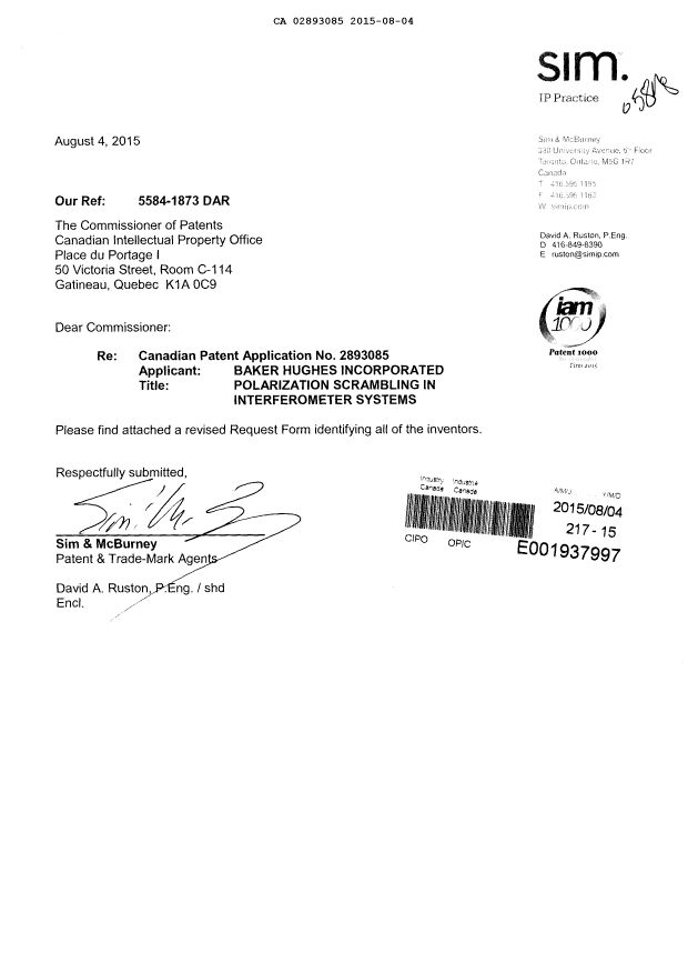 Document de brevet canadien 2893085. Correspondance reliée au PCT 20150804. Image 1 de 3
