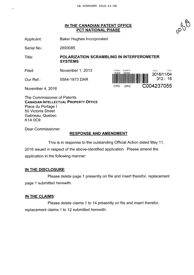 Document de brevet canadien 2893085. Poursuite-Amendment 20151204. Image 1 de 7
