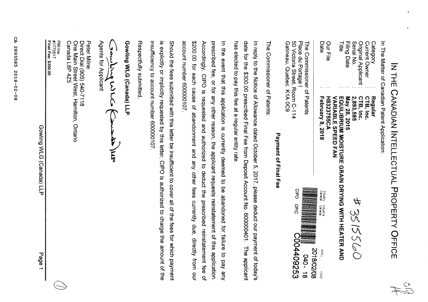 Document de brevet canadien 2893585. Correspondance 20171208. Image 1 de 1