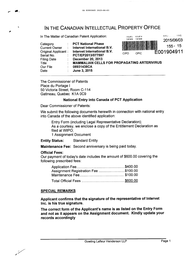 Document de brevet canadien 2893665. Cession 20150603. Image 1 de 4