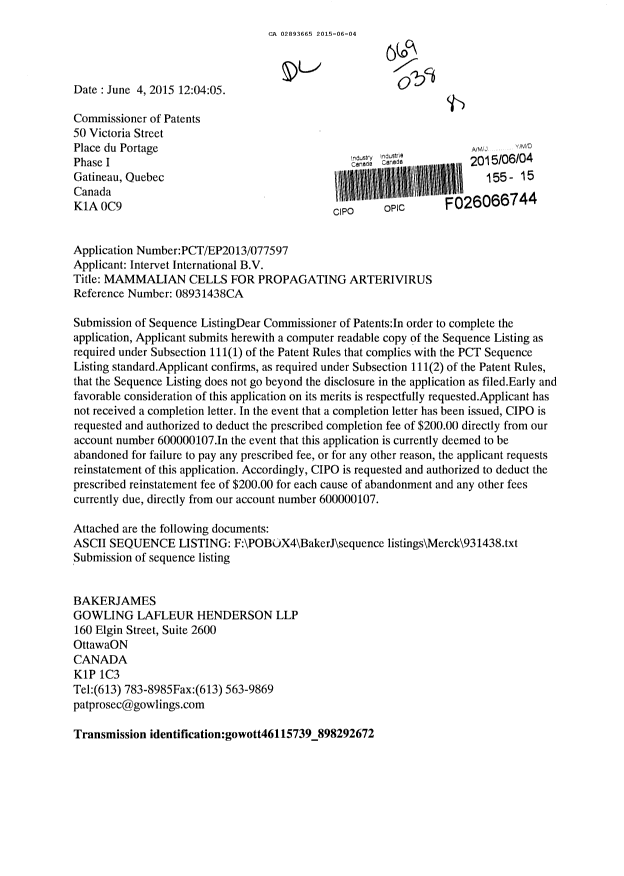 Document de brevet canadien 2893665. Poursuite-Amendment 20150604. Image 1 de 1