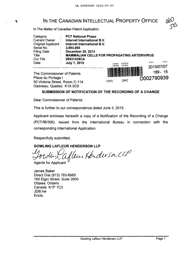 Document de brevet canadien 2893665. Modification au demandeur-inventeur 20150707. Image 1 de 2