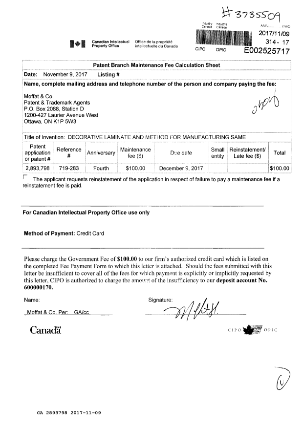 Canadian Patent Document 2893798. Maintenance Fee Payment 20171109. Image 1 of 1