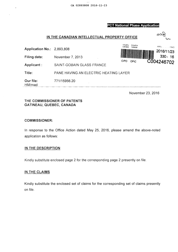 Document de brevet canadien 2893808. Poursuite-Amendment 20151223. Image 1 de 10