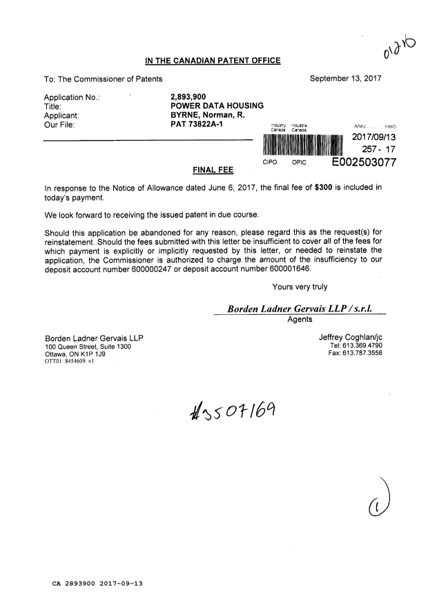 Document de brevet canadien 2893900. Correspondance 20161213. Image 1 de 1