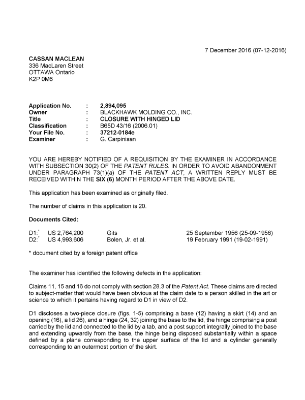 Document de brevet canadien 2894095. R30(2) Requête de l'examinateur 20151207. Image 1 de 4