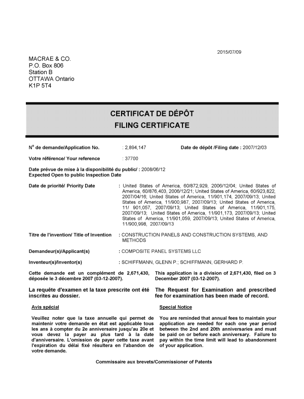 Document de brevet canadien 2894147. Complémentaire - Certificat de dépôt 20150709. Image 1 de 1