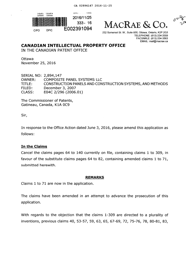 Document de brevet canadien 2894147. Modification 20151225. Image 1 de 21