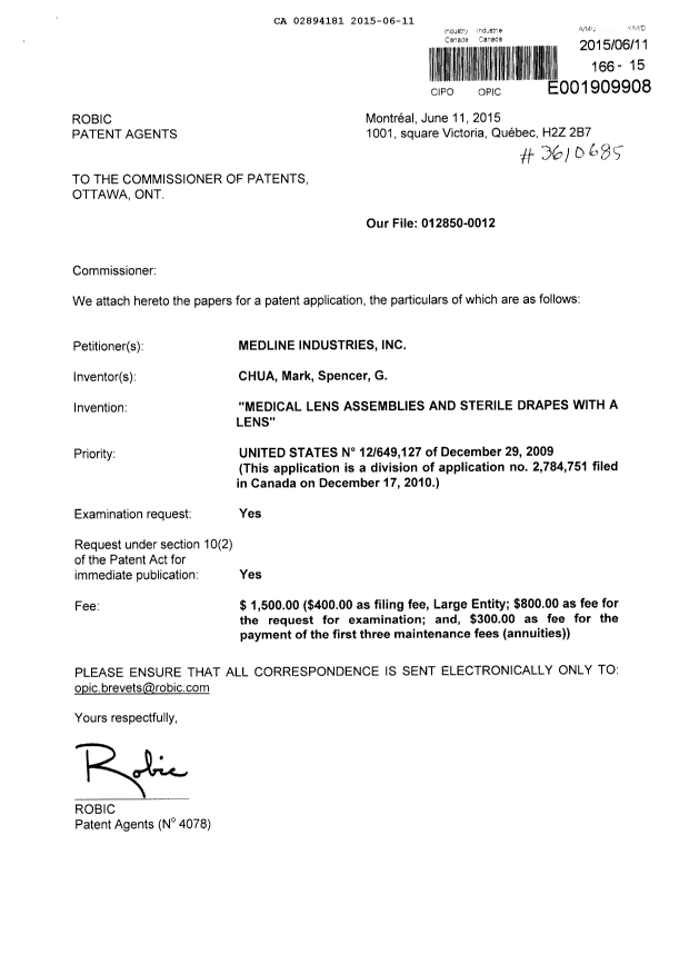 Document de brevet canadien 2894181. Nouvelle demande 20150611. Image 1 de 5