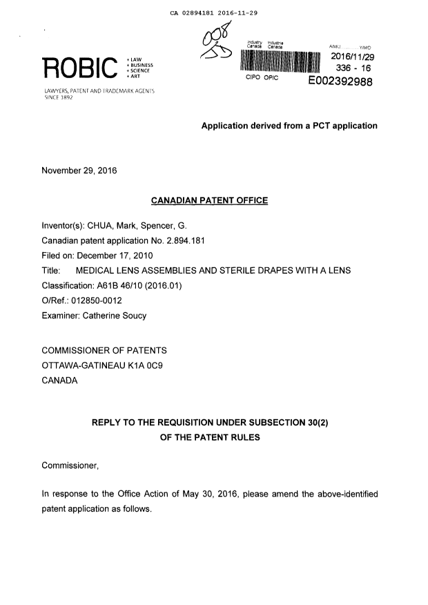 Document de brevet canadien 2894181. Modification 20161129. Image 1 de 7