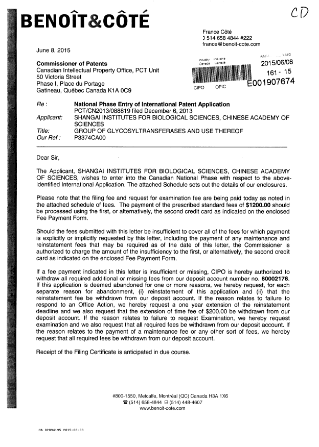 Document de brevet canadien 2894195. Demande d'entrée en phase nationale 20150608. Image 1 de 7