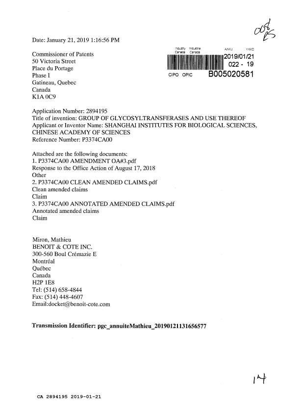 Document de brevet canadien 2894195. Modification 20190121. Image 1 de 14