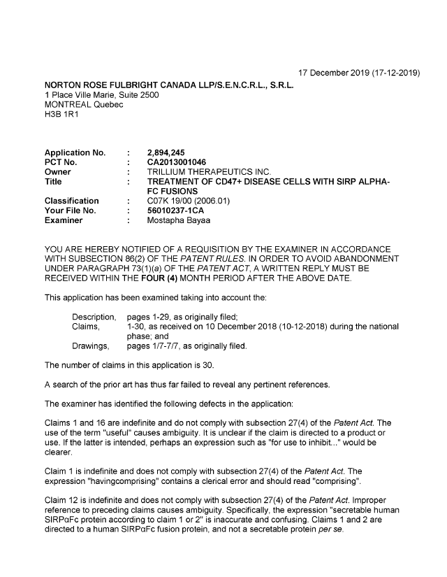 Document de brevet canadien 2894245. Demande d'examen 20191217. Image 1 de 3