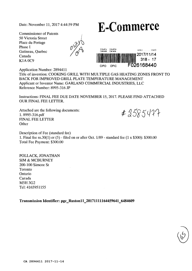 Canadian Patent Document 2894411. Final Fee 20171114. Image 1 of 2