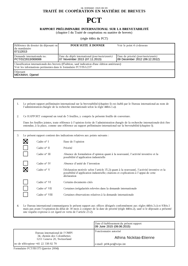 Document de brevet canadien 2894443. Rapport prélim. intl. sur la brevetabilité reçu 20141209. Image 1 de 9
