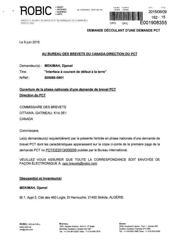 Document de brevet canadien 2894443. Demande d'entrée en phase nationale 20141209. Image 1 de 5