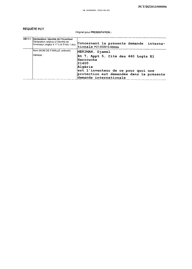 Document de brevet canadien 2894443. Déclaration 20150609. Image 1 de 3