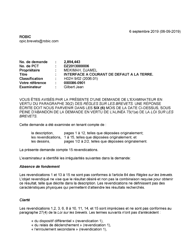 Document de brevet canadien 2894443. Demande d'examen 20190906. Image 1 de 5