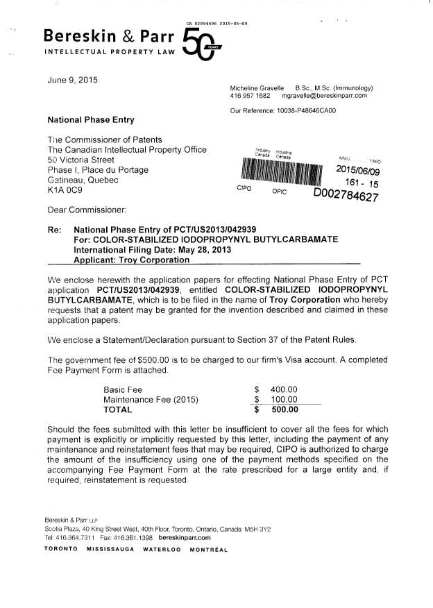 Document de brevet canadien 2894496. Demande d'entrée en phase nationale 20150609. Image 1 de 4