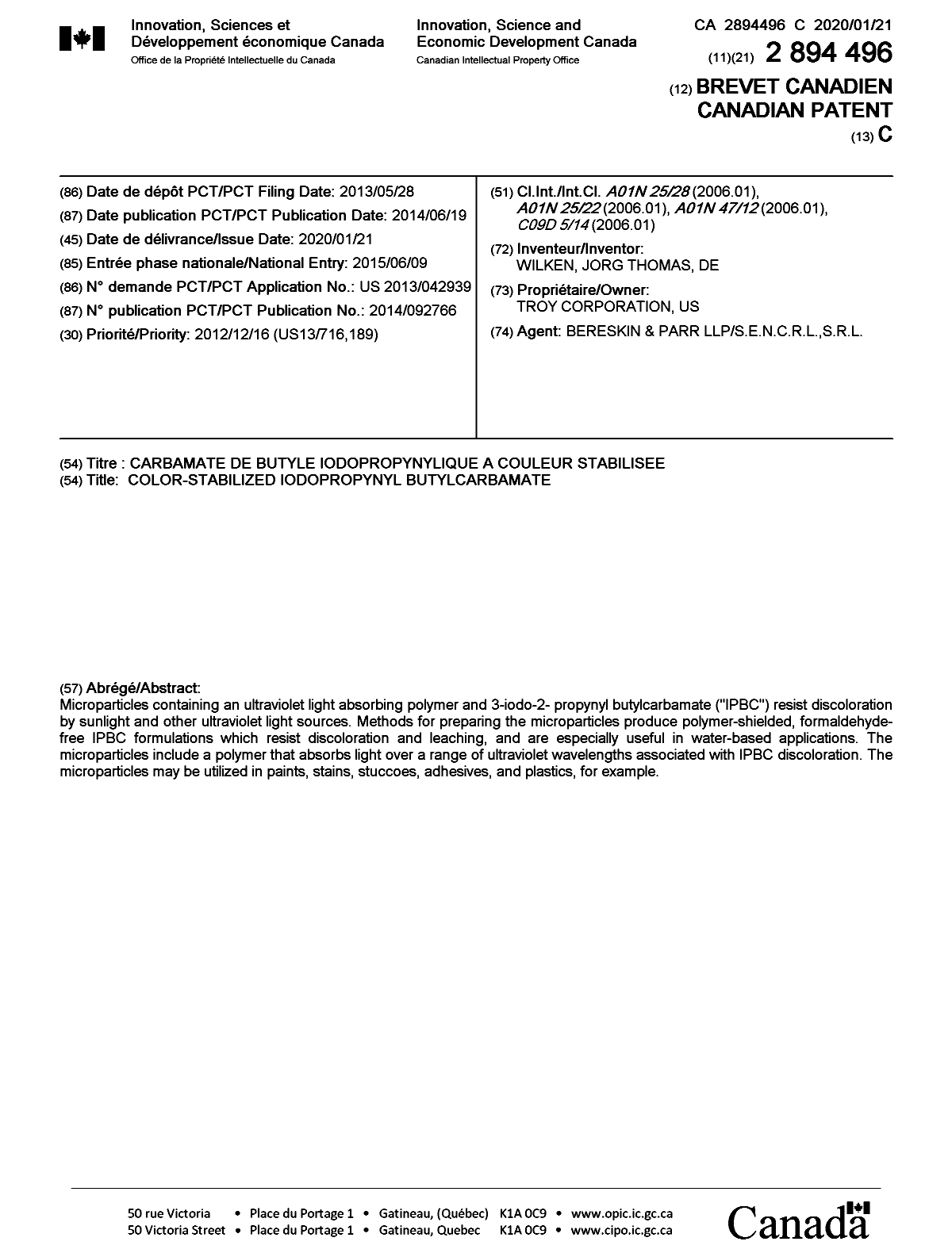 Canadian Patent Document 2894496. Cover Page 20200115. Image 1 of 1