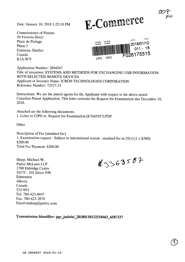 Document de brevet canadien 2894567. Requête d'examen 20180110. Image 1 de 2