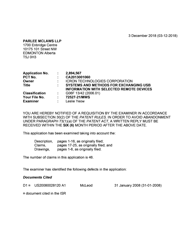 Document de brevet canadien 2894567. Demande d'examen 20181203. Image 1 de 4