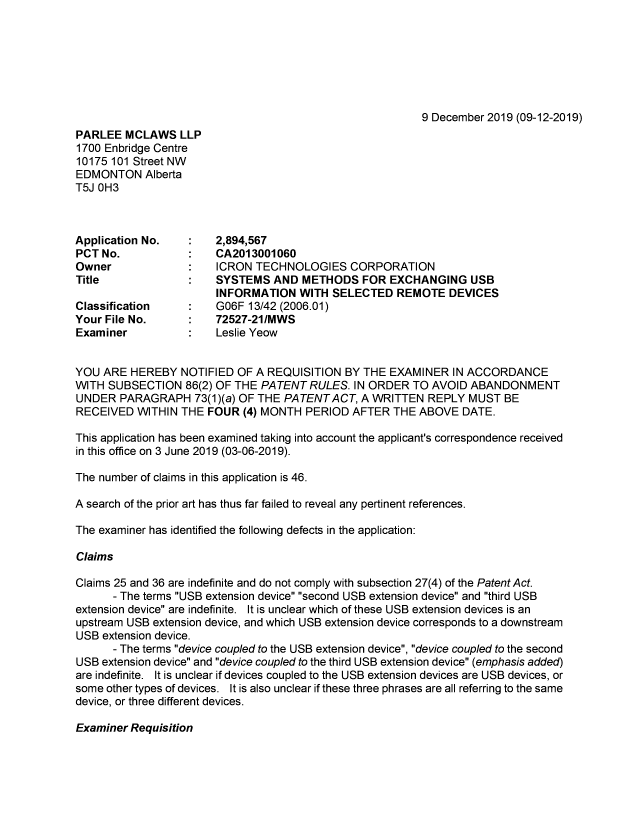 Document de brevet canadien 2894567. Demande d'examen 20191209. Image 1 de 3
