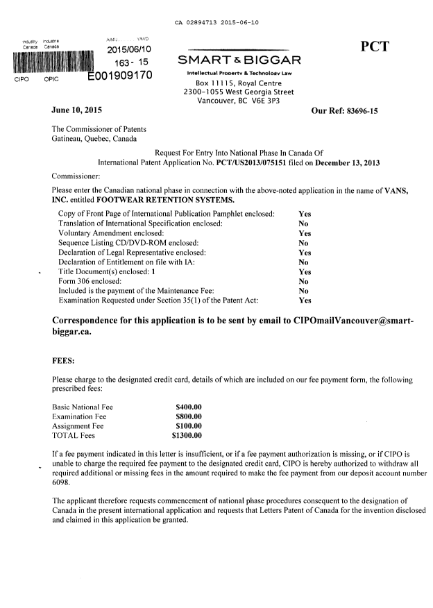 Document de brevet canadien 2894713. Demande d'entrée en phase nationale 20150610. Image 1 de 7