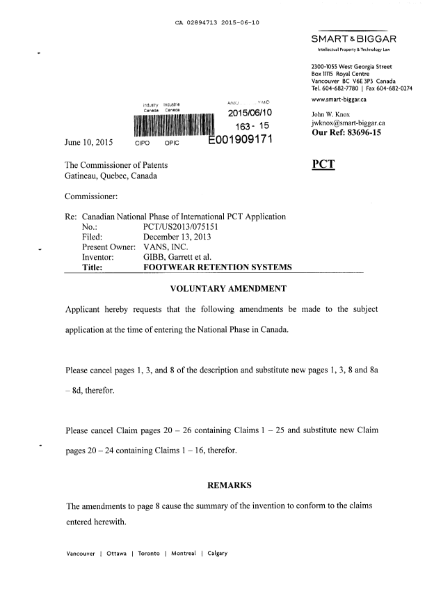 Document de brevet canadien 2894713. Modification volontaire 20150610. Image 1 de 15