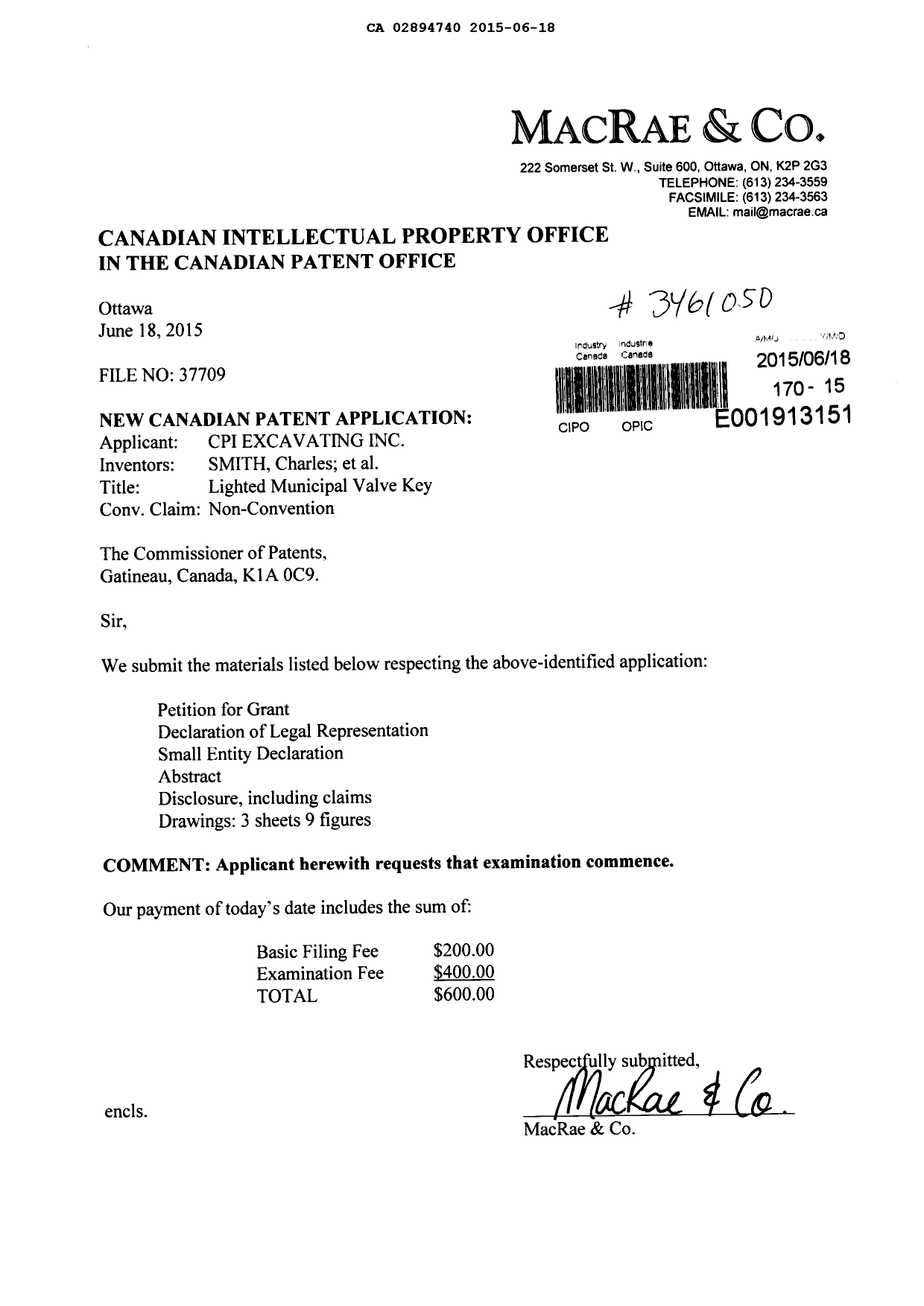 Document de brevet canadien 2894740. Nouvelle demande 20141218. Image 1 de 4