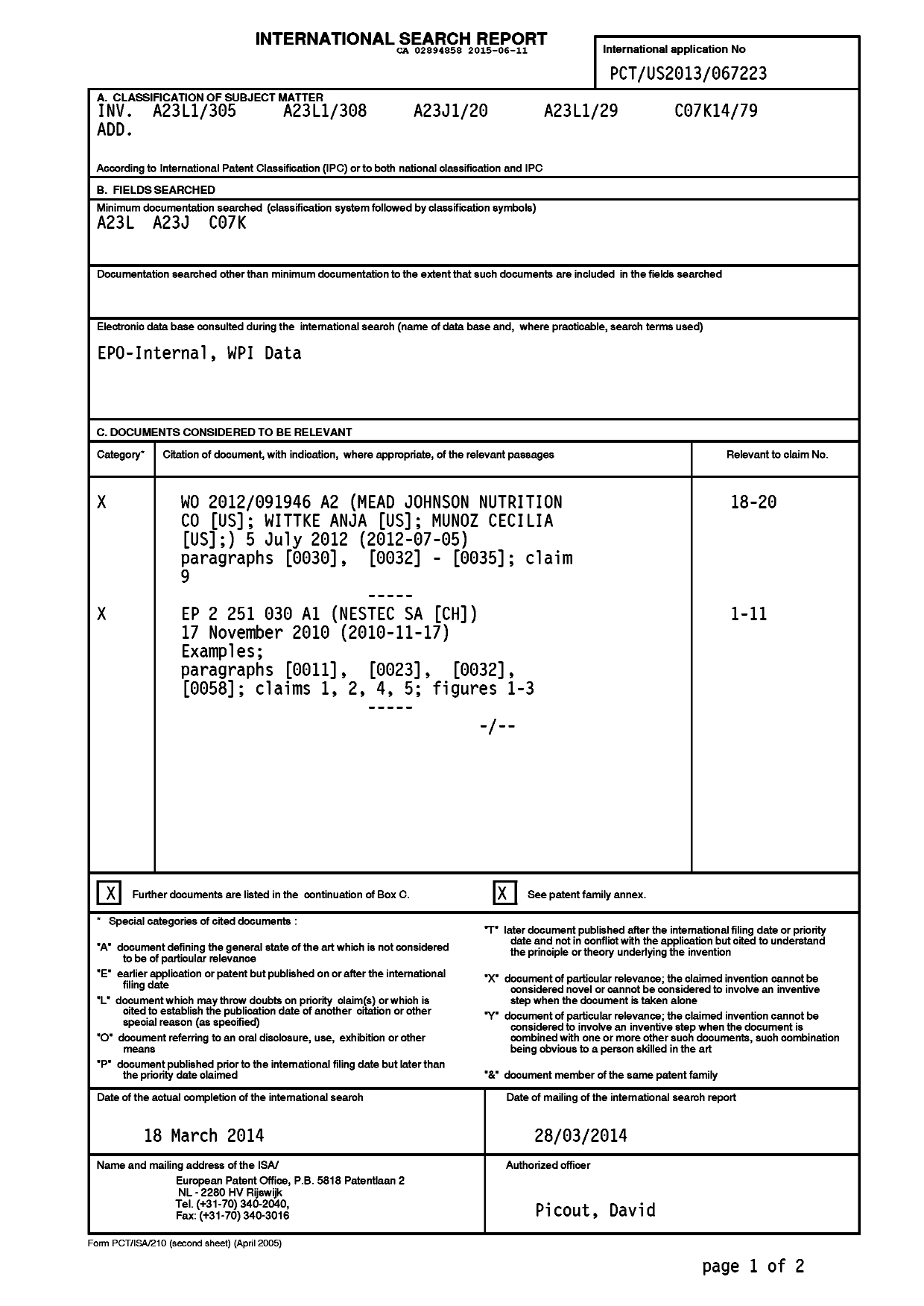 Document de brevet canadien 2894858. Rapport de recherche internationale 20141211. Image 1 de 4