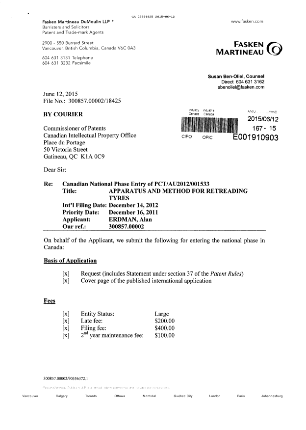 Document de brevet canadien 2894925. Demande d'entrée en phase nationale 20150612. Image 1 de 4
