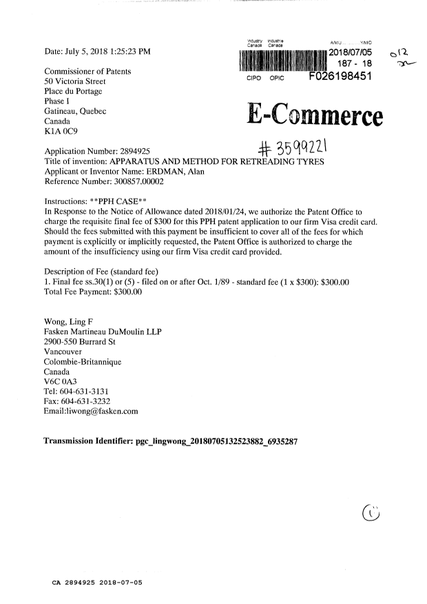 Document de brevet canadien 2894925. Taxe finale 20180705. Image 1 de 1