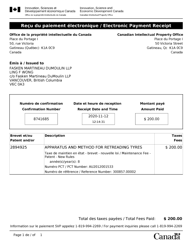 Canadian Patent Document 2894925. Maintenance Fee Payment 20201112. Image 1 of 1